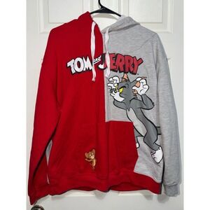 Tom and Jerry Split Colorblock Hoodie Red Grey Cartoon Graphic Sweatshirt